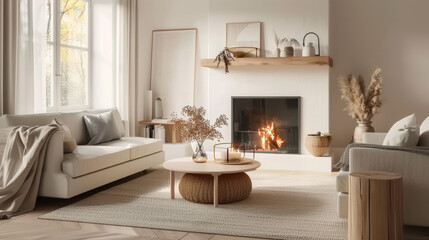 Fototapeta na wymiar beige living room with a fireplace, 