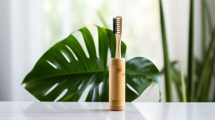 Natural bamboo toothbrush in glass on white wood with green leaves