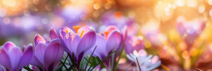 Gordijnen Close-up of blooming purple crocus flowers (2) © Visual Sensation