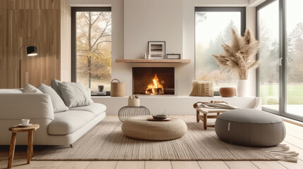 beige living room with a fireplace, 
