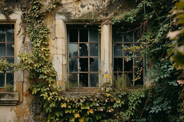 An abandoned, dilapidated building with broken windows and overgrown vines, reflecting the decay of hope.