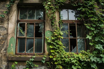 Fototapeta na wymiar An abandoned, dilapidated building with broken windows and overgrown vines, reflecting the decay of hope.