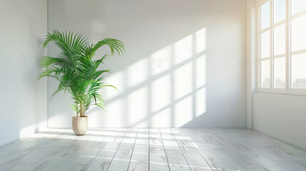 Fototapeta na wymiar white empty room with shadow window and green plant
