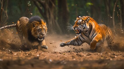 Lion and tiger engaged in a fierce battle in the jungle - AI Generated Digital Art - obrazy, fototapety, plakaty