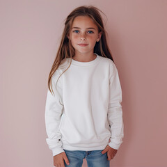 Kid Girl wearing a white sweatshirt Mockup on light pink background cute