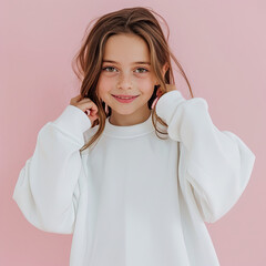Kid Girl wearing a white sweatshirt Mockup on light pink background cute