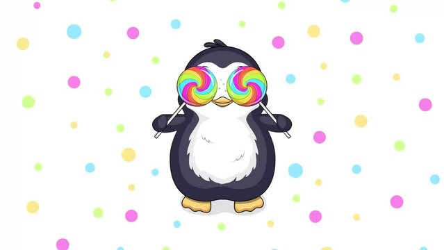 Penguin with two rainbow candies. Cute cartoon looped animal animation. Colorful background with dots.
