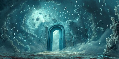 A surreal, turquoise dreamscape with a door in the middle, leading into a realm of mental exploration, surrounded by floating question marks.