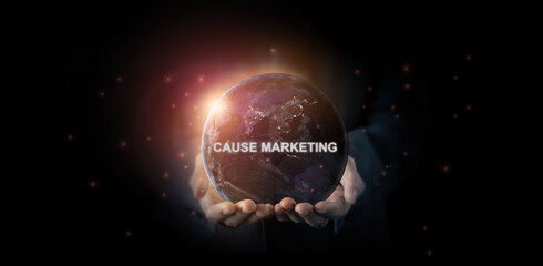 Cause marketing concept. Corporate social responsibility (CSR) appealing to consumers supporting...