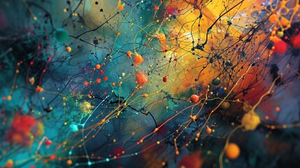 A surreal scene of a mind map, with colorful pathways and connections emerging from a faulted, abstract background.