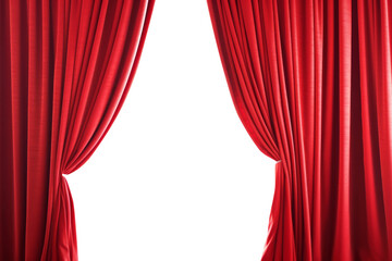Red curtains opened on transparent background for presentation new product or work art and entertainment.