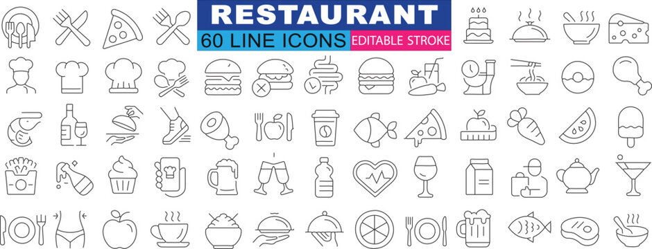 Restaurant line icon set, diverse food, drink items, perfect for menu, web design, culinary variety, elegance, wineglass, burger, pizza, cupcake, fish, steak, coffee, tea, pot, cake, icecream