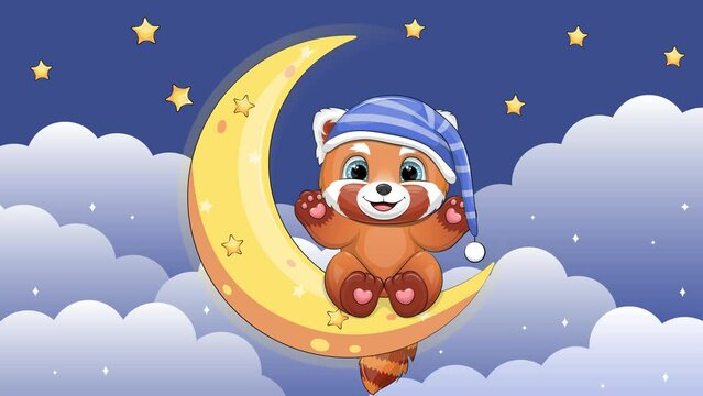 Cute cartoon red panda in a nightcap on a moon. Night looped animation with animal and clouds.