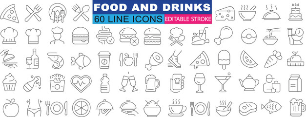 Food and Drinks, line Icons, Vector Set. Perfect for Website, App, Print Design. Featuring Fruits, Beverages, Fast Food Items. Monochromatic, Black Icons on White Background