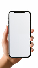 Chic Nail Aesthetics: Hand Holds Latest Smartphone with White Screen, Perfect for Website Presentation