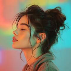 profile portrait of a young modern woman with closed eyes in front of a colored background