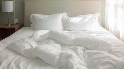 Fototapeta na wymiar whitte bed made with white sheets in a hotel room, 