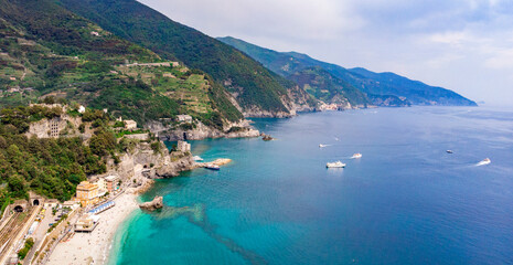 Drone view of Monterosso Beachside on the Italian Riviera Coastline