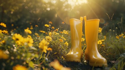 Spring Gardening, Morning light in a  garden with  boots and blooming flowers