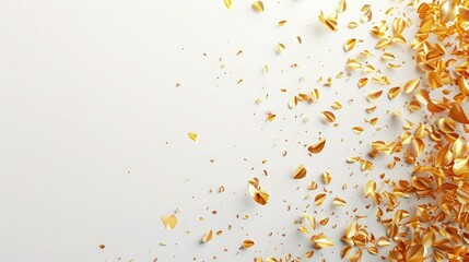 Elegant Minimalistic Composition: Realistic Sparse Golden Confetti on Left Side with Subtle Shimmering Effect - White Background