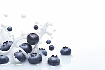 Blueberry in splash of milk isolated on white background.