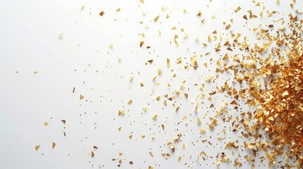 Elegant Minimalistic Composition: Realistic Sparse Golden Confetti on Left Side with Subtle Shimmering Effect - White Background