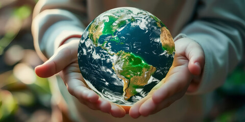 a childs hands hold up a globe with green plants , Environment Earth Day. - obrazy, fototapety, plakaty