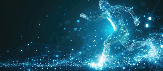 Human running man athlete with digital wireframe neon light background. AI generated image