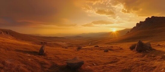Golden sunset in wild valley panorama with windy sky nature background. AI generated image