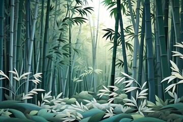 A paper art interpretation of a tranquil bamboo forest, with finely crafted stalks and leaves creating a peaceful and meditative atmosphere.