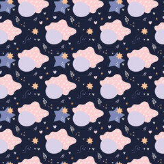 Bohemian baby pattern. Seamless baby pattern in boho style. Bohemian pattern for kids with organic shapes and stars on blue background.
