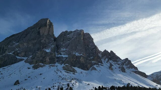 delle erbe pass with putia mountain  snow on dolomites aerial view val badia in winter season panorama landscape drone footage
