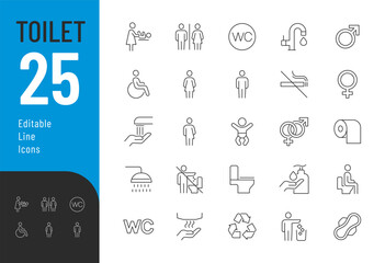 Toilet Line Editable Icons set. Vector illustration in modern thin line style of public water closet related icons: gender symbols, rules for using a toilet, personal hygiene, and more. - obrazy, fototapety, plakaty