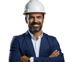 Attractive mature architect businessman with construction helmet smiling isolated on white