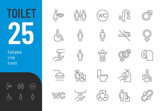 Toilet Line Editable Icons set. Vector illustration in modern thin line style of public water closet related icons: gender symbols, rules for using a toilet, personal hygiene, and more.