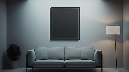  empty room with a grey couch and black frame mockup