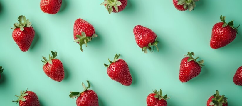 Seamless of fresh organic strawberries on a vibrant green background. AI generated image