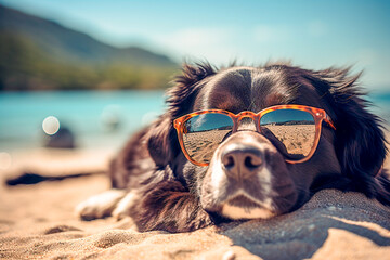 Dog in sunglasses lying on the beach close-up, portrait - obrazy, fototapety, plakaty