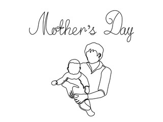 Mothers Day. A woman with a baby continuous single one line art hand drawing sketch