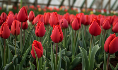 Red closed tulips growing in a large industrial gree 