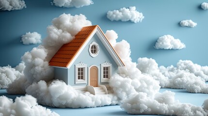 3d blue house in the clouds. Generative AI	