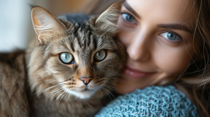 a beautiful girl in a blue jacket hugs her beloved pet cat, poster