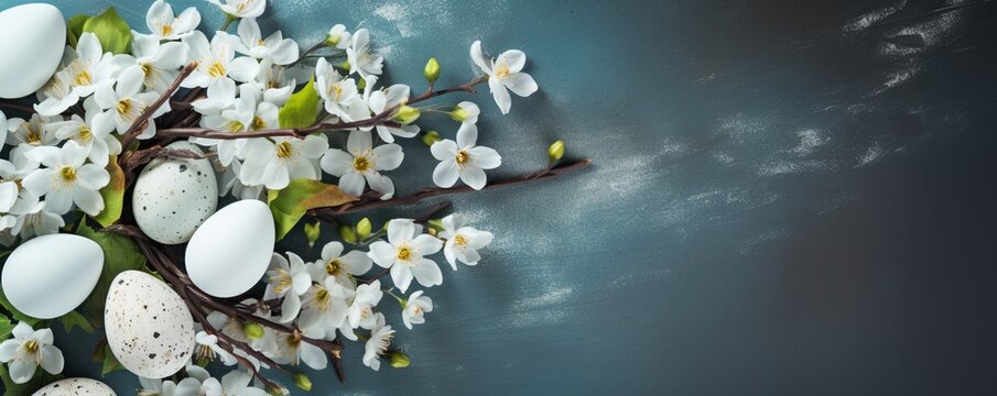 Easter background with Easter eggs and spring flowers. Top view with copy space