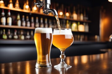 Fototapeta na wymiar Draft Beer Pouring into Glass at Bar