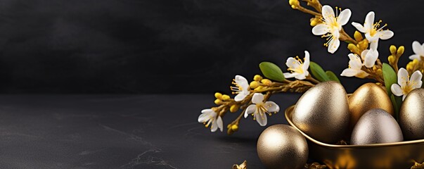 Easter Decoration. Golden Eggs on Dark Shale Background