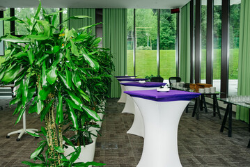 Modern Event Venue with Elegant Table Setup. Contemporary event space with tall cocktail tables dressed in white and purple, ready for a social or corporate gathering, large windows