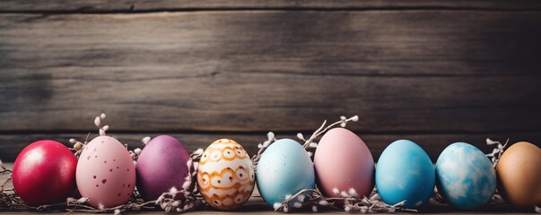 Easter eggs on wooden background with vintage tone. - obrazy, fototapety, plakaty
