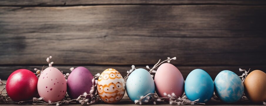 Easter eggs on wooden background with vintage tone.