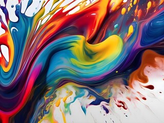 Color liquid ink splash abstract background rainbow art. Rainbow splash collage mix flow drip. Fluid wave color yellow, red, green, blue isolated. Liquid ink palette motion. Generative AI