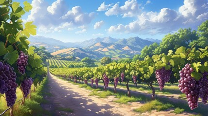 Fototapeta premium Scenic Vineyard View: Rolling Hills with Lush Greenery and Ripe Grapes